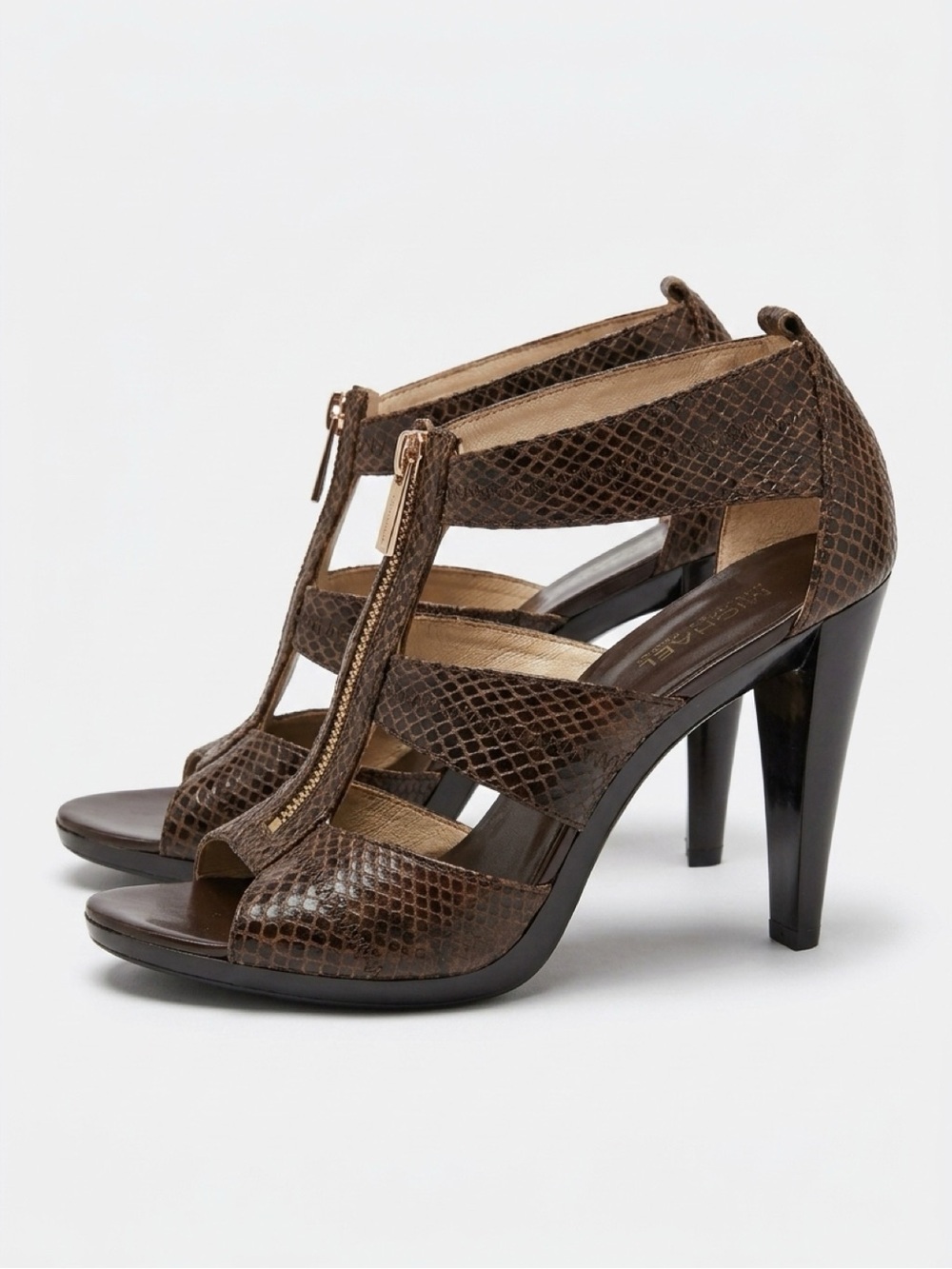 Michael Kors Brown Snakeskin Zip Front Strappy Heels Size 8.5